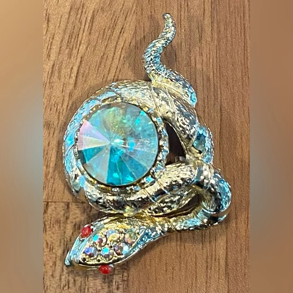 Snake Brooch Pin Gold Tone Coiled Vintage Aurora Borealis Rhinestone Center